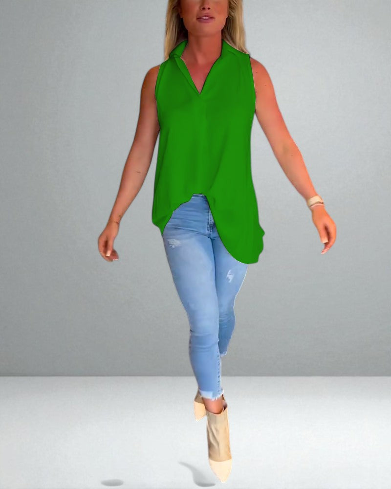 The Elise Sleeveless Ruffle Top with Lapels
