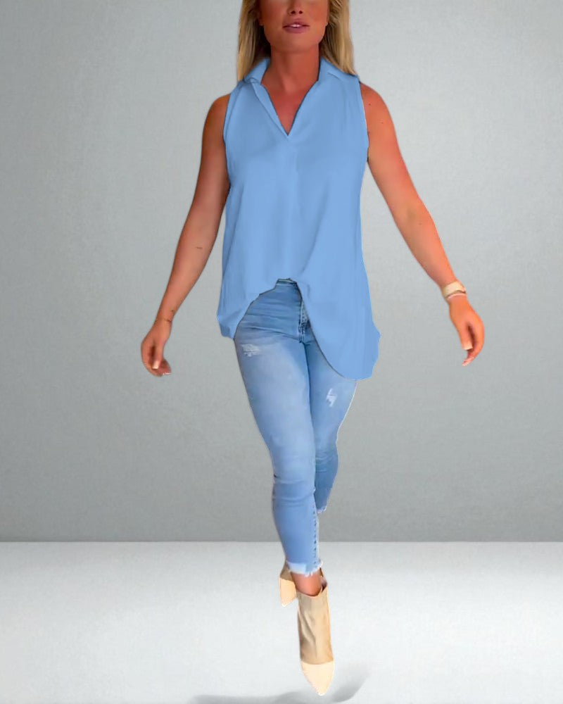 The Elise Sleeveless Ruffle Top with Lapels