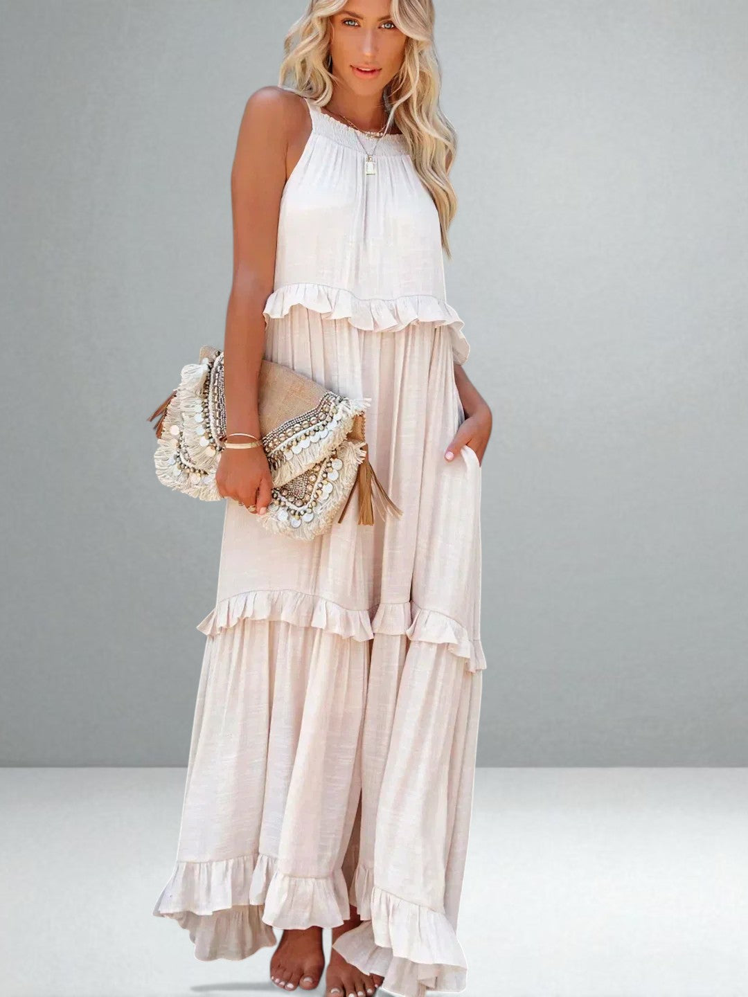 The Emilia Halter Ruffle Maxi Dress