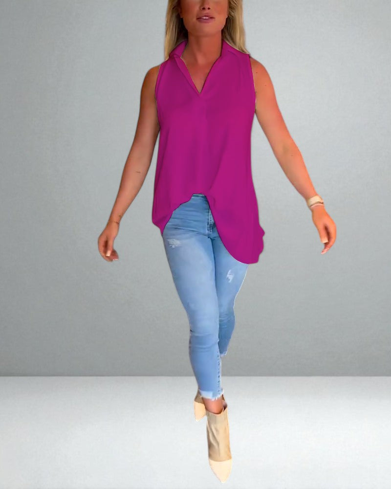 The Elise Sleeveless Ruffle Top with Lapels