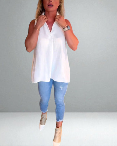 The Elise Sleeveless Ruffle Top with Lapels