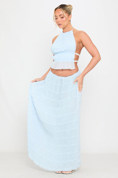 The Ariella Cream Ruched Sheer Halter Top & Maxi Skirt Set