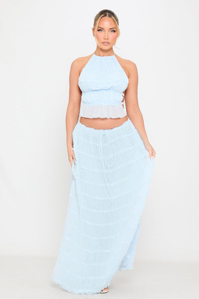 The Ariella Cream Ruched Sheer Halter Top & Maxi Skirt Set