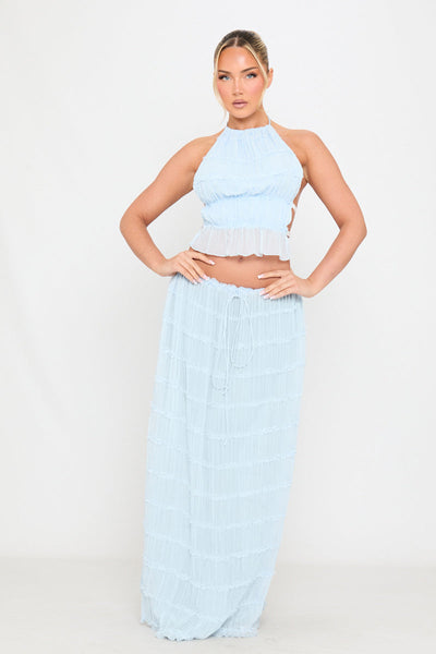 The Ariella Cream Ruched Sheer Halter Top & Maxi Skirt Set