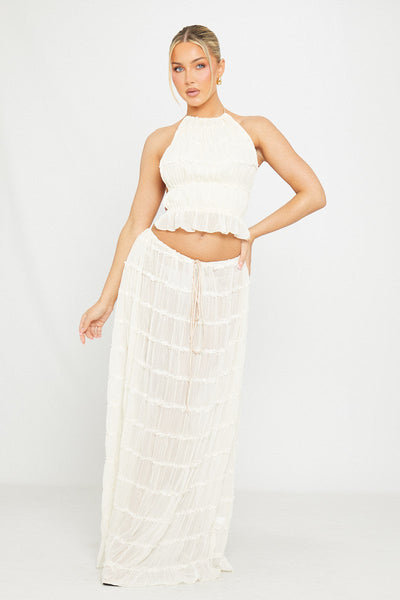 The Ariella Cream Ruched Sheer Halter Top & Maxi Skirt Set