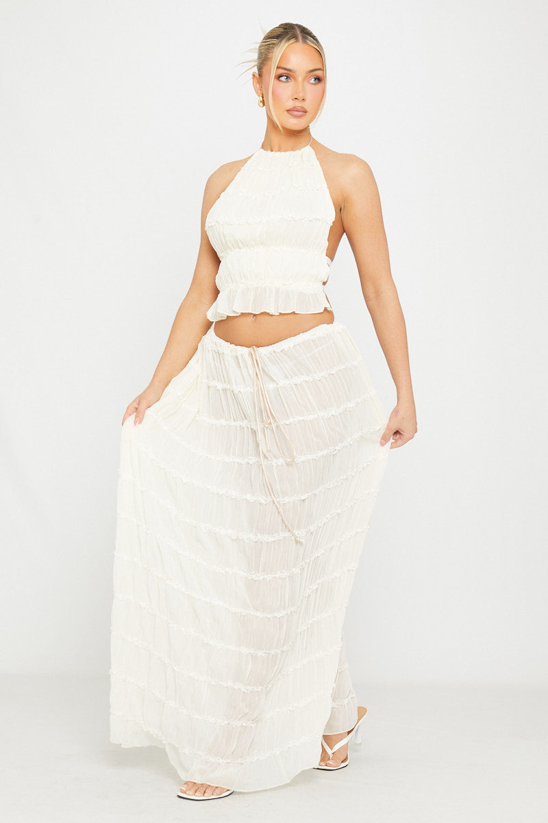 The Ariella Cream Ruched Sheer Halter Top & Maxi Skirt Set