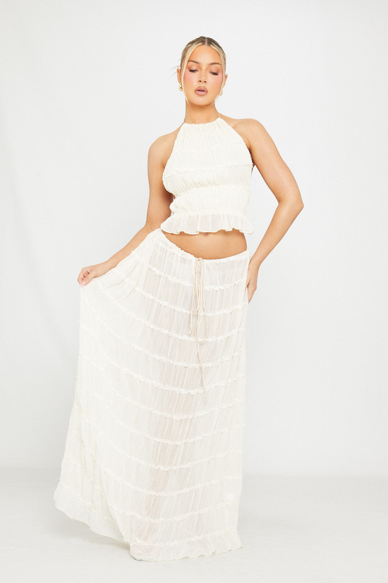 The Ariella Cream Ruched Sheer Halter Top & Maxi Skirt Set