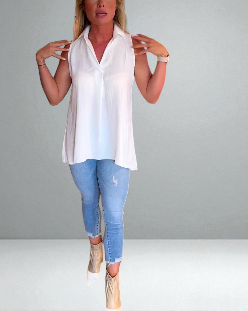 The Elise Sleeveless Ruffle Top with Lapels