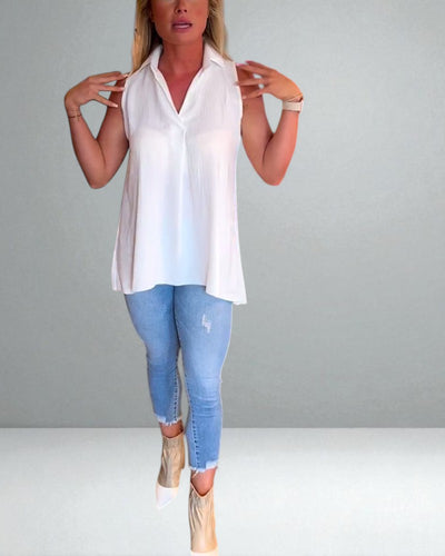The Elise Sleeveless Ruffle Top with Lapels