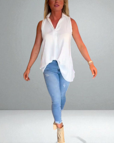 The Elise Sleeveless Ruffle Top with Lapels